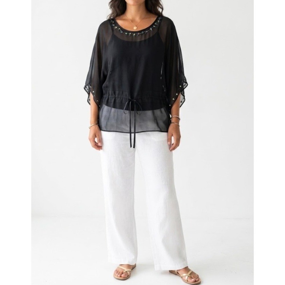 New Silk Assets DVF Beaded Tunic Medium Black Silk Sheer Drawstring Waist